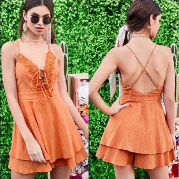SHEIN Dresses & Skirts - NWT SHEIN Orange Romper With Front Beaded Ties And Spaghetti Straps